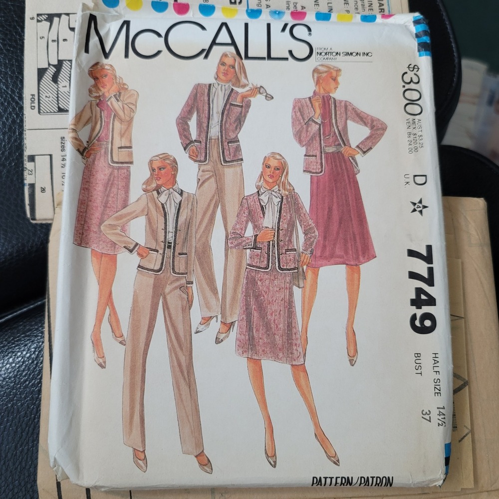 Vintage 1980s McCalls 7749 Sewing Pattern Jacket Blouse Skirt Pants Size 14.5
